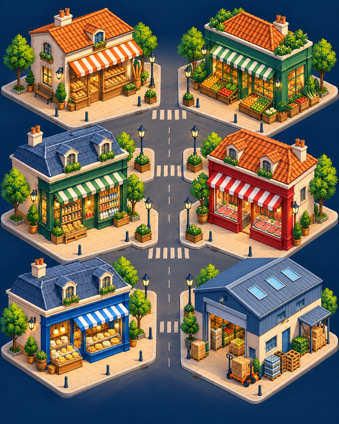 Ville illustrée : boulangerie, primeur, épicerie, boucherie, fromagerie et grossiste alimentaire.